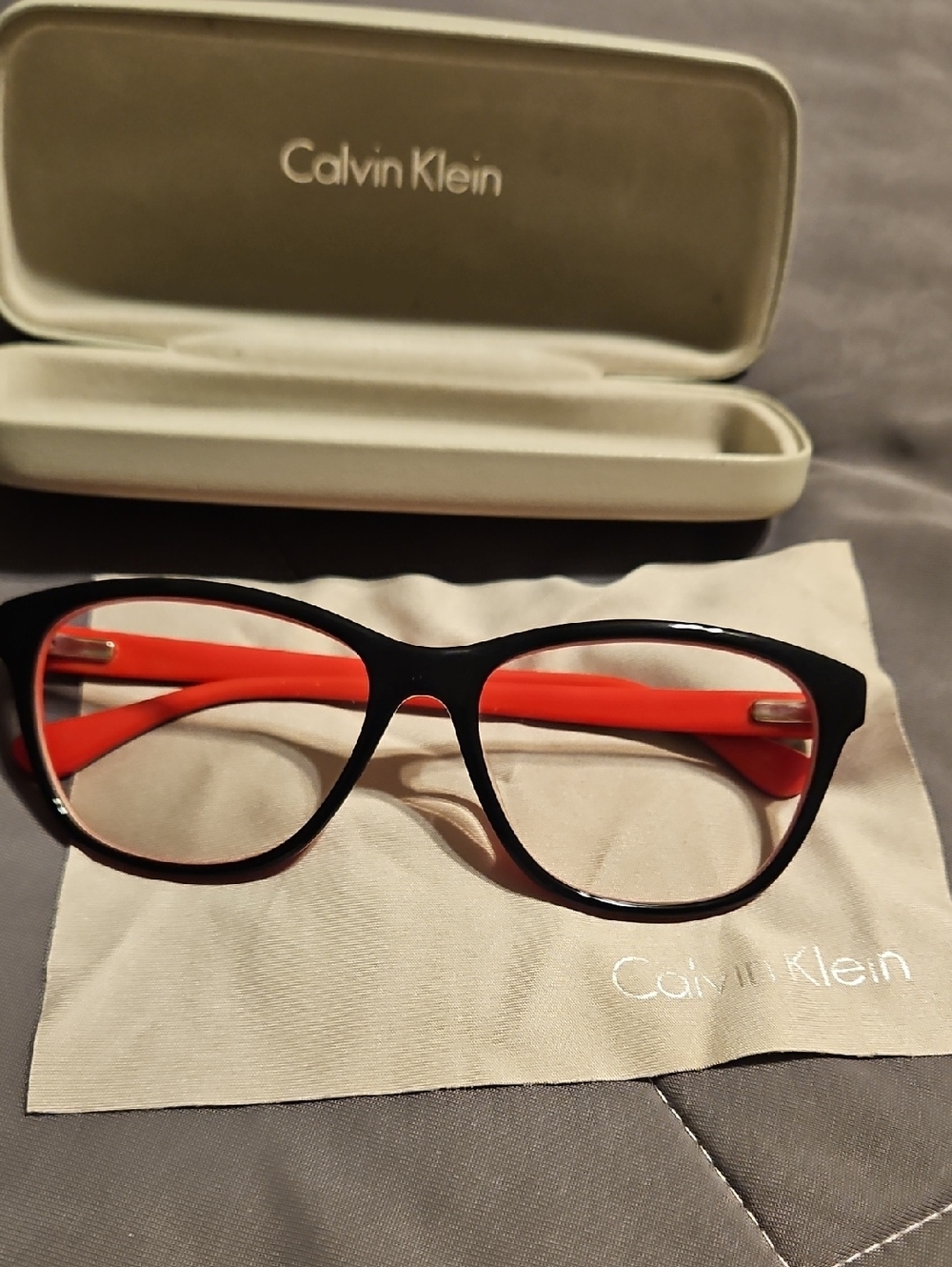 Calvin Klein Optical Glasses Black Frame with Bright Red Temples Eyeglasses